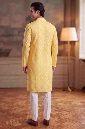 Mens yellow linen ikkat print regular kurta