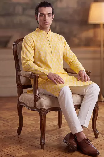 Mens yellow linen ikkat print regular kurta