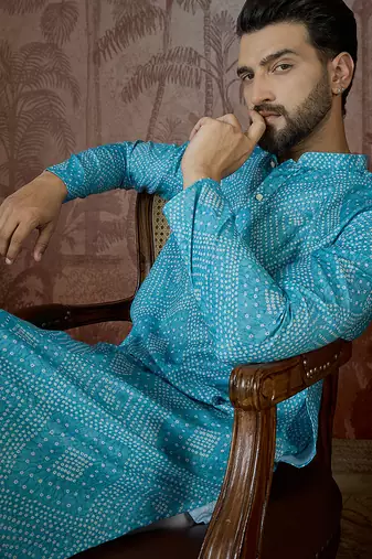 Mens blue linen bandhani print regular kurta