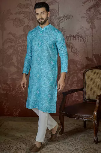 Mens blue linen bandhani print regular kurta