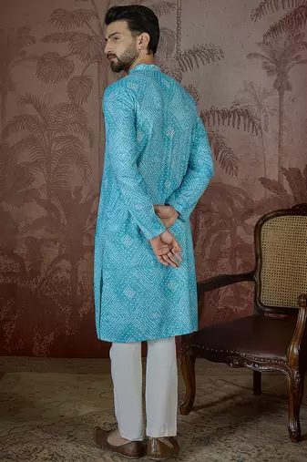 Mens blue linen bandhani print regular kurta