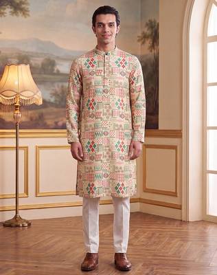 Mens cream linen geometric print regular kurta 1