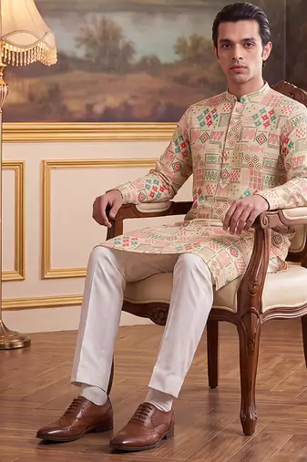 Mens cream linen geometric print regular kurta