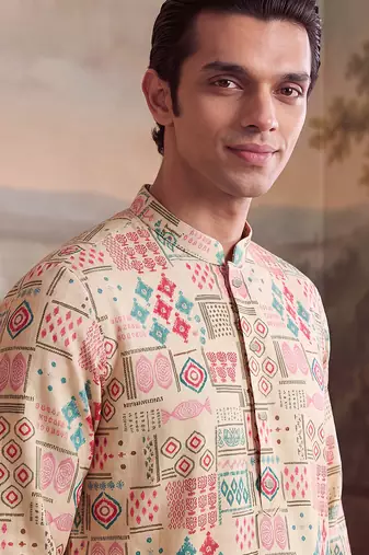 Mens cream linen geometric print regular kurta