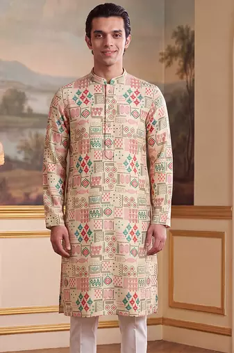 Mens cream linen geometric print regular kurta
