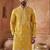 Mens yellow silk blend solid embroidered kurta