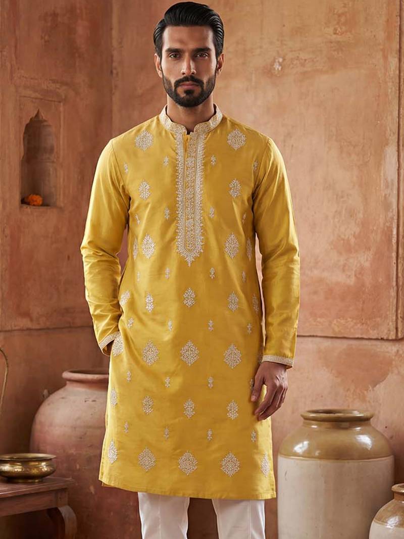 Mens yellow silk blend solid embroidered kurta