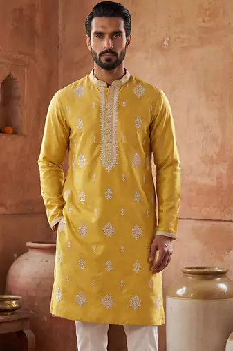 Mens yellow silk blend solid embroidered kurta