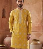 Mens yellow silk blend solid embroidered kurta