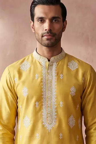 Mens yellow silk blend solid embroidered kurta