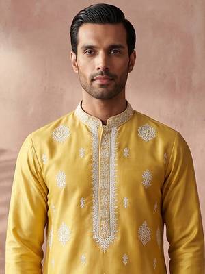 Mens yellow silk blend solid embroidered kurta 2