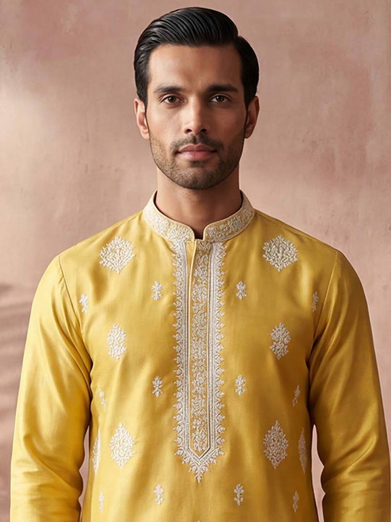 Mens yellow silk blend solid embroidered kurta