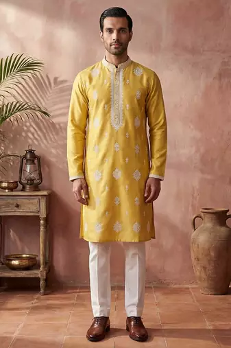 Mens yellow silk blend solid embroidered kurta