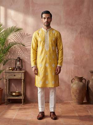Mens yellow silk blend solid embroidered kurta 3