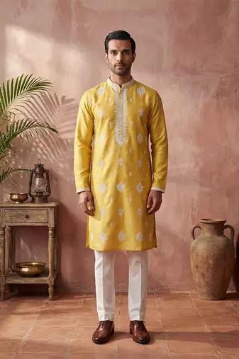 Mens yellow silk blend solid embroidered kurta