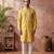 Mens yellow silk blend solid embroidered kurta