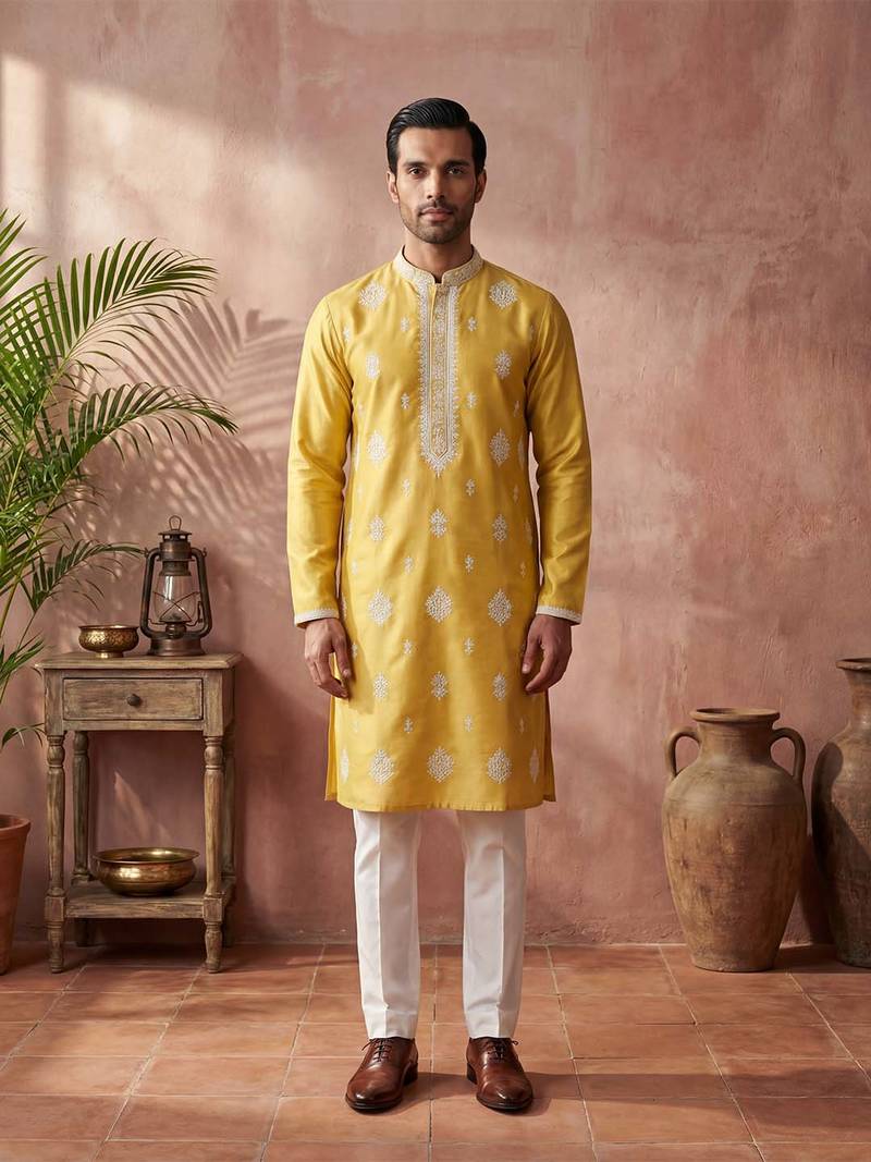 Mens yellow silk blend solid embroidered kurta