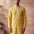 Mens yellow silk blend solid embroidered kurta