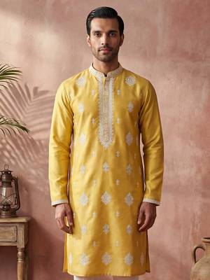 Mens yellow silk blend solid embroidered kurta 4