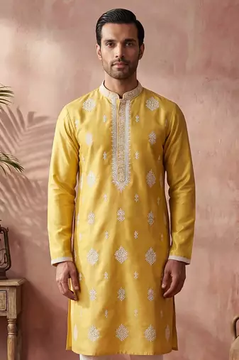 Mens yellow silk blend solid embroidered kurta