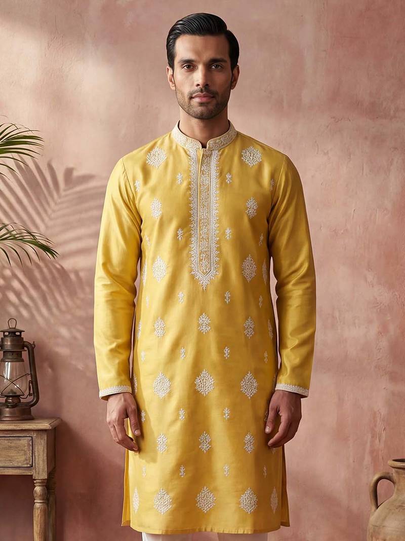 Mens yellow silk blend solid embroidered kurta