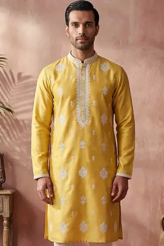Mens yellow silk blend solid embroidered kurta