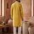 Mens yellow silk blend solid embroidered kurta