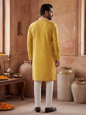 Mens yellow silk blend solid embroidered kurta 5