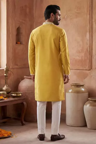 Mens yellow silk blend solid embroidered kurta