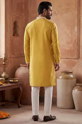 Mens yellow silk blend solid embroidered kurta
