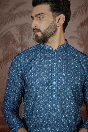 Mens blue linen floral print regular kurta