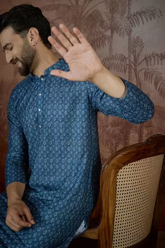 Mens blue linen floral print regular kurta
