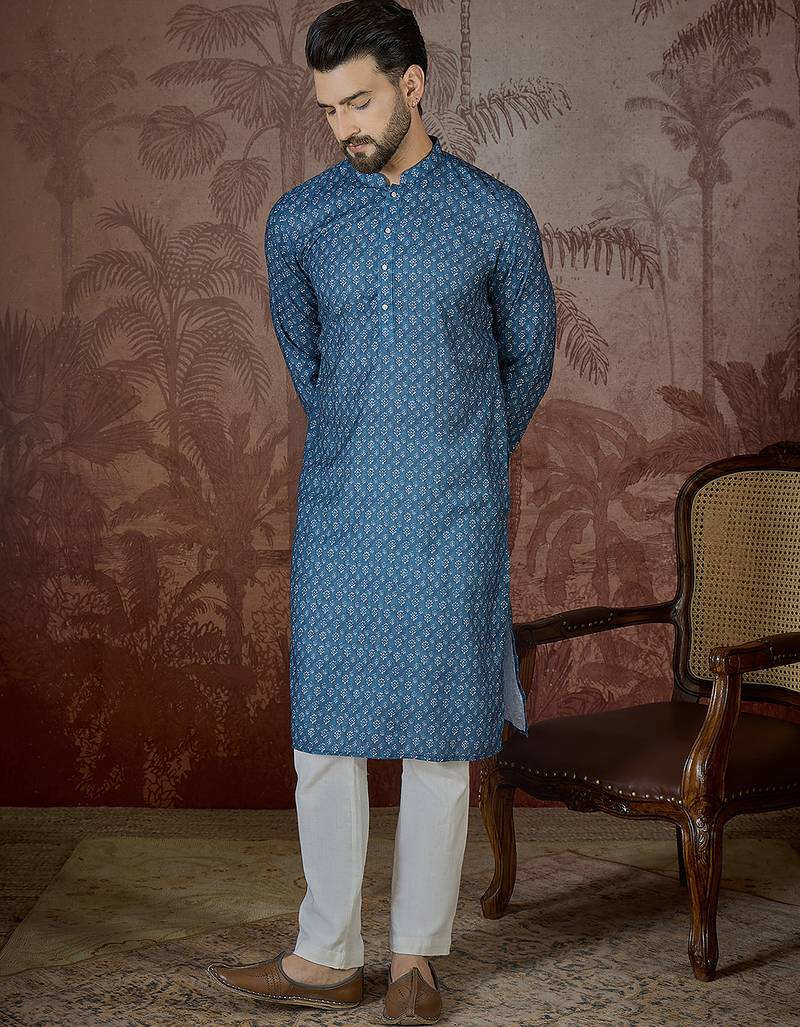 Mens blue linen floral print regular kurta