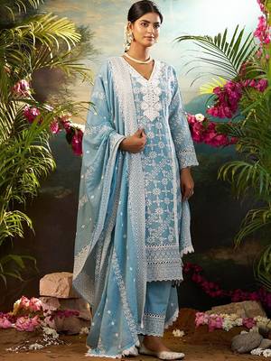 Women Ethnic Motifs Embroidered Regular Chikankari Pure Cotton Kurta with Trousers & With Dupatta 1