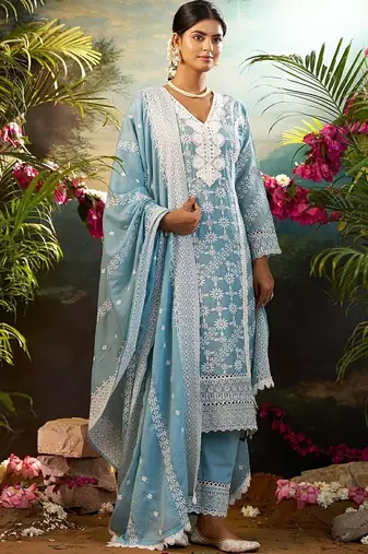 Women Ethnic Motifs Embroidered Regular Chikankari Pure Cotton Kurta with Trousers & With Dupatta