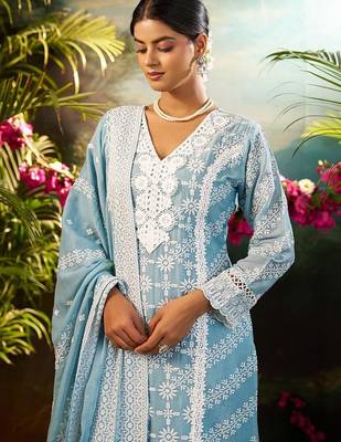 Women Ethnic Motifs Embroidered Regular Chikankari Pure Cotton Kurta with Trousers & With Dupatta 3
