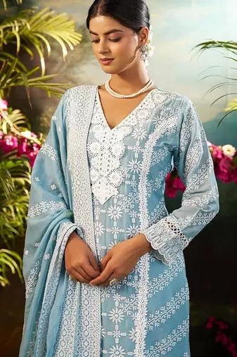 Women Ethnic Motifs Embroidered Regular Chikankari Pure Cotton Kurta with Trousers & With Dupatta