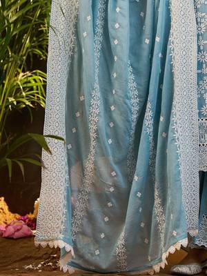 Women Ethnic Motifs Embroidered Regular Chikankari Pure Cotton Kurta with Trousers & With Dupatta 4