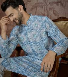 Mens blue linen ethnic motifs printed regular kurta