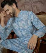 Mens blue linen ethnic motifs printed regular kurta