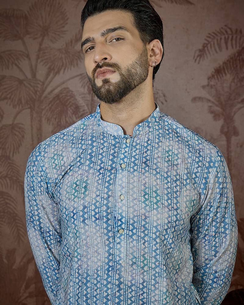 Mens blue linen ethnic motifs printed regular kurta