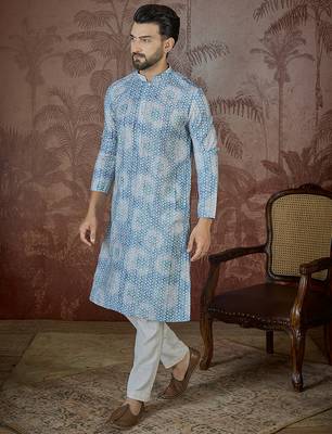Mens blue linen ethnic motifs printed regular kurta 3