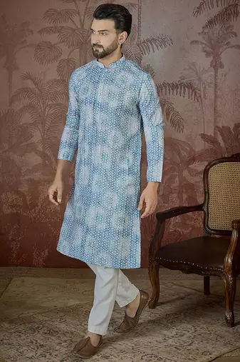 Mens blue linen ethnic motifs printed regular kurta