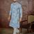 Mens blue linen ethnic motifs printed regular kurta