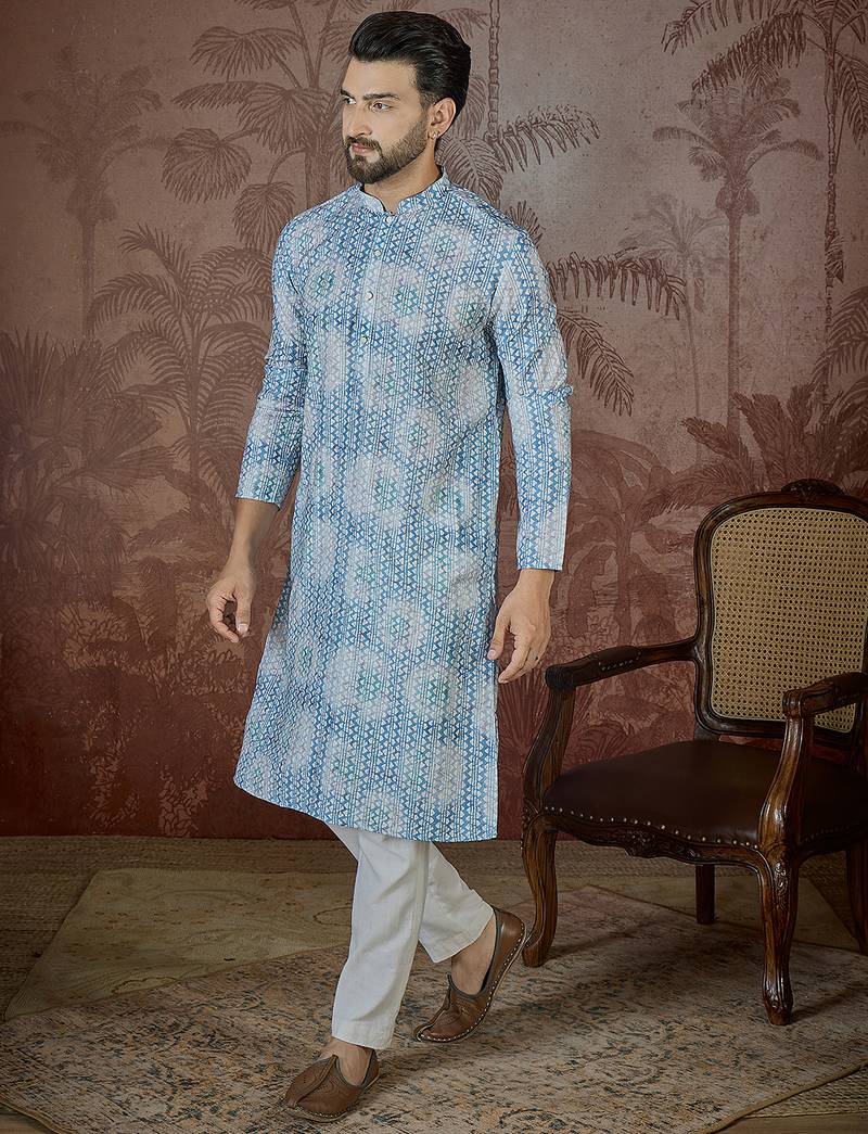 Mens blue linen ethnic motifs printed regular kurta