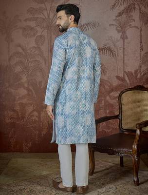 Mens blue linen ethnic motifs printed regular kurta 4
