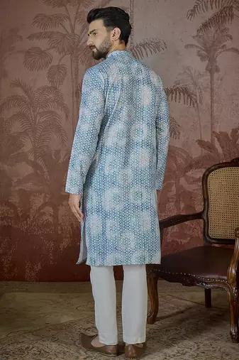 Mens blue linen ethnic motifs printed regular kurta