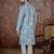 Mens blue linen ethnic motifs printed regular kurta