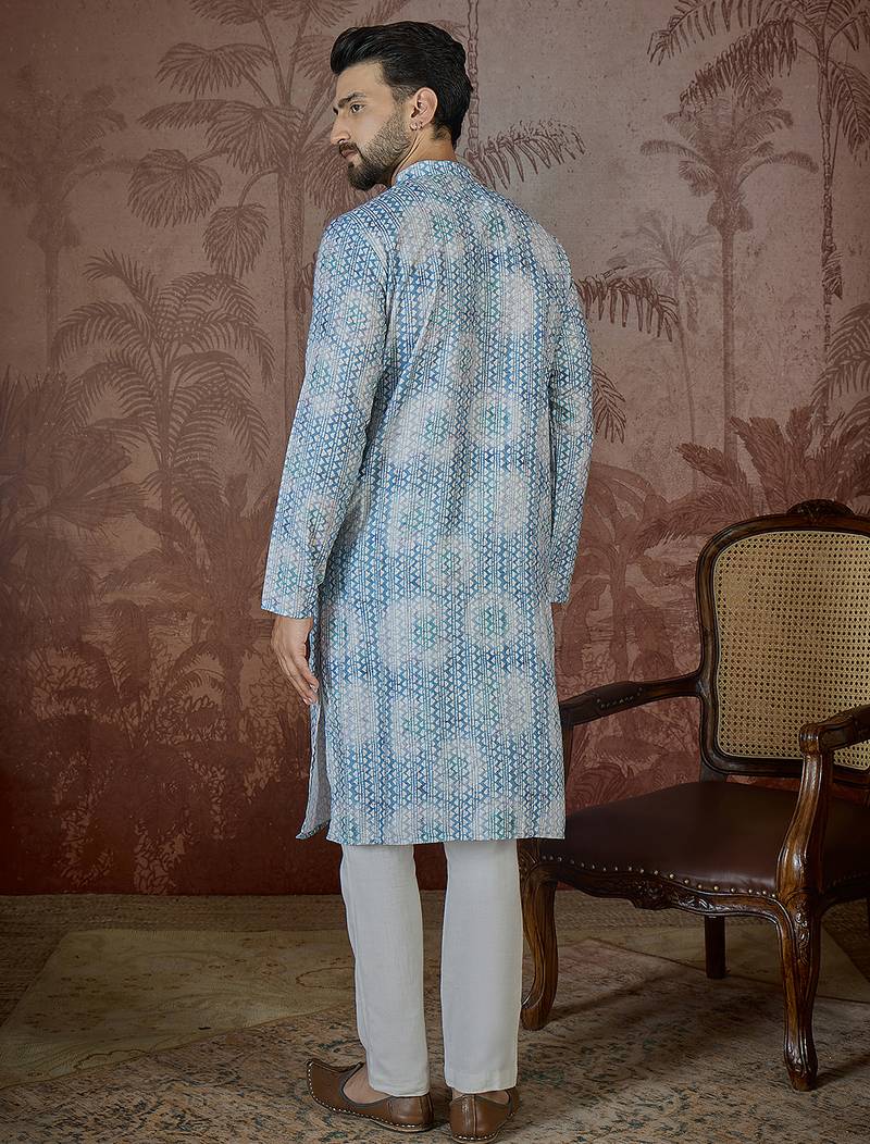 Mens blue linen ethnic motifs printed regular kurta