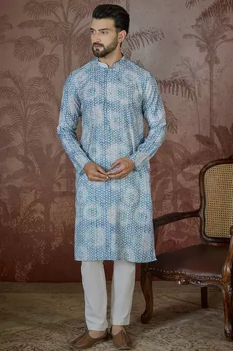 Mens blue linen ethnic motifs printed regular kurta
